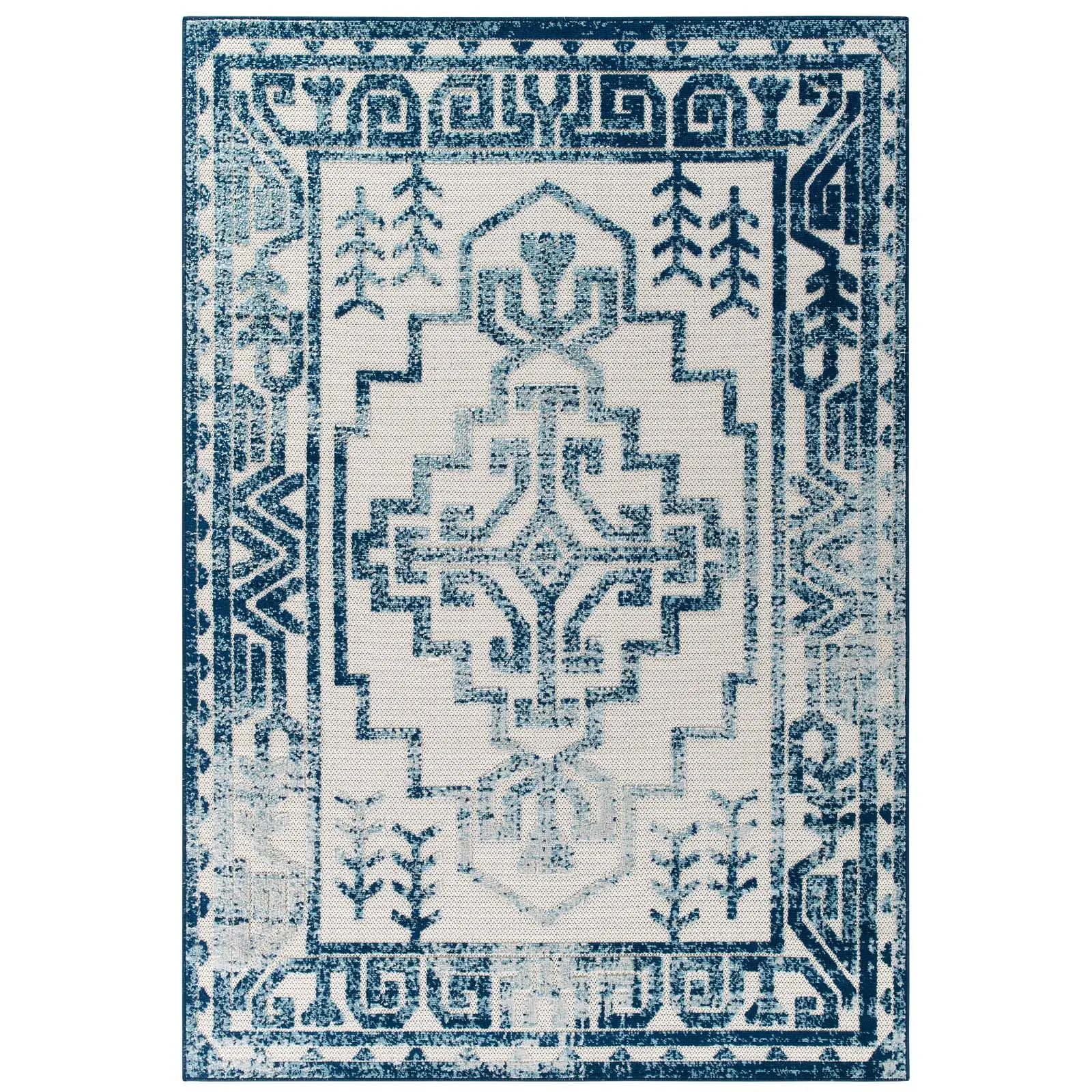 Reflect Nyssa 8x10 Distressed Geometric Southwestern Aztec Indoor-Outdoor Area Rug, Ivory and Blue Patio & Home Decor Rug, Patio Rugs, Home Decor Rugs
