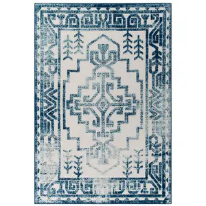 Reflect Nyssa Distressed Geometric Southwestern Aztec 8x10 Indoor/Outdoor Area Rug in Ivory and Blue