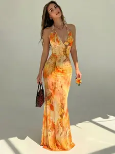 Women's Gradient Print Halter Deep V Slim Fit Mermaid Long Dress, Sleeveless Backless Party Dress, Beach Vacation Style
