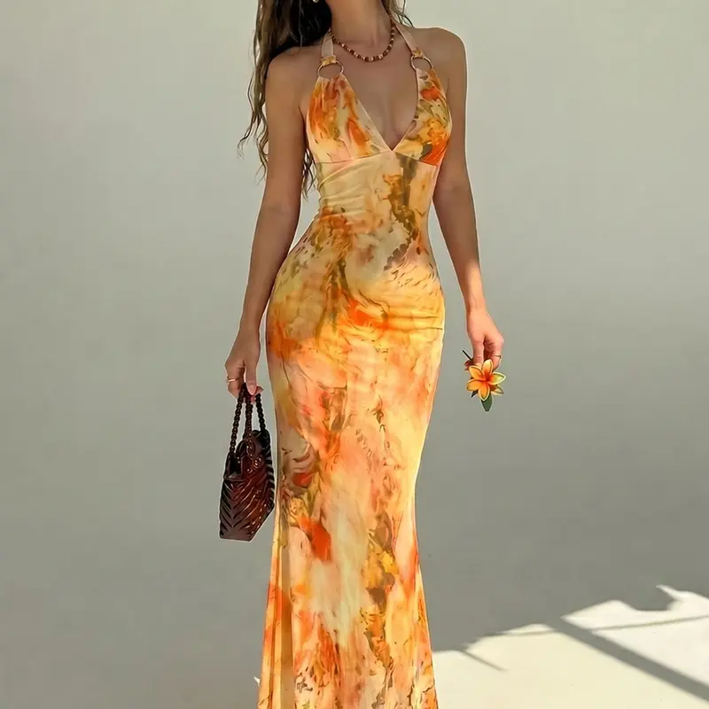 Women's Chic Gradient Print Halter Deep V Slim Fit Mermaid Long Dress, Sleeveless Backless Party Dress, Beach Vacation Style, Backless Sleeveless Dresses