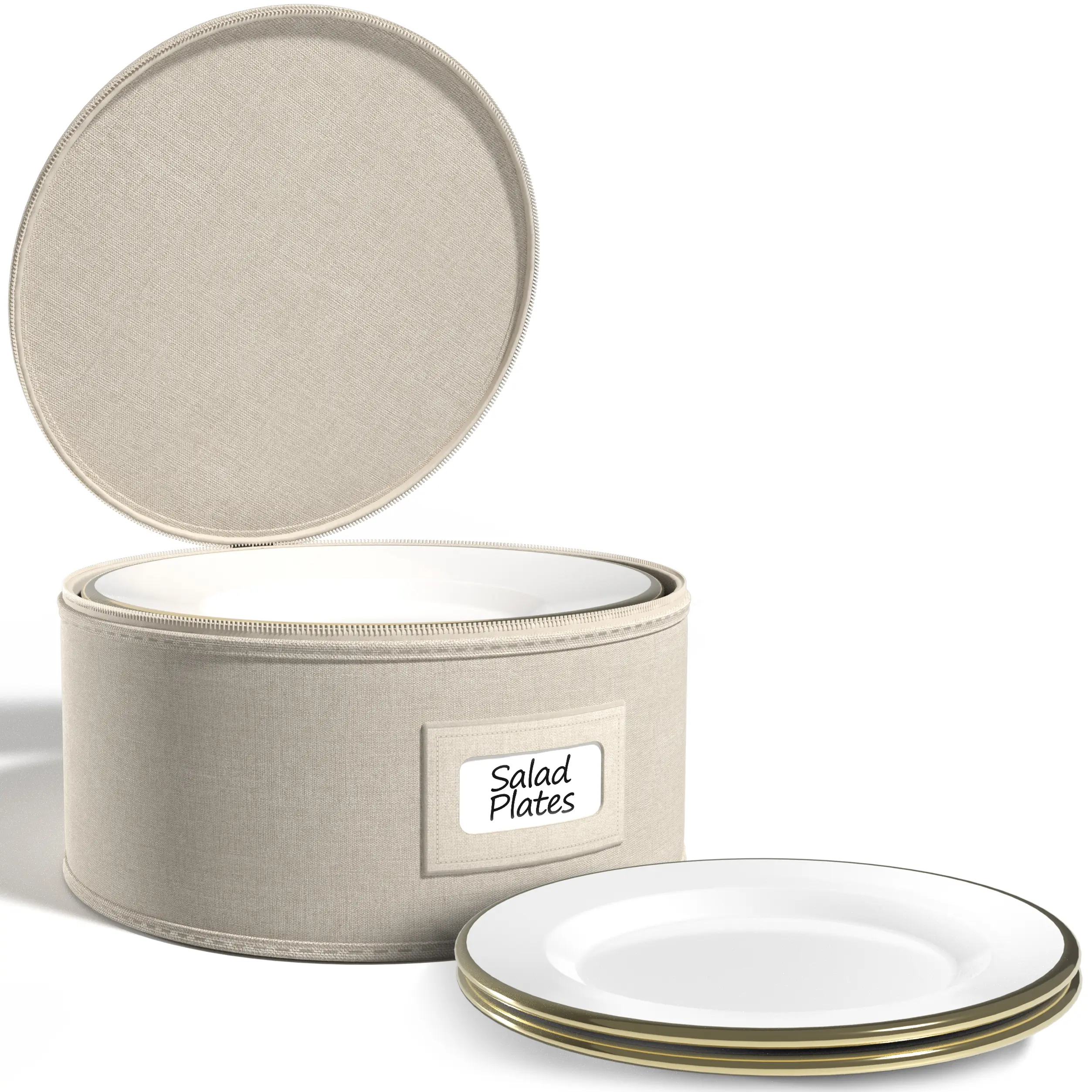 Sorbus Smooth Polyester Kitchen Dish Storage Container Set, Portable Classic Beige Plate Holder with Lid, Holds 12-Service Plates (Salad/Dessert Saucer, Dinner), Includes Felt Protectors for Moving, Closets, Cabinets, 8.5" L X 5.25" H
