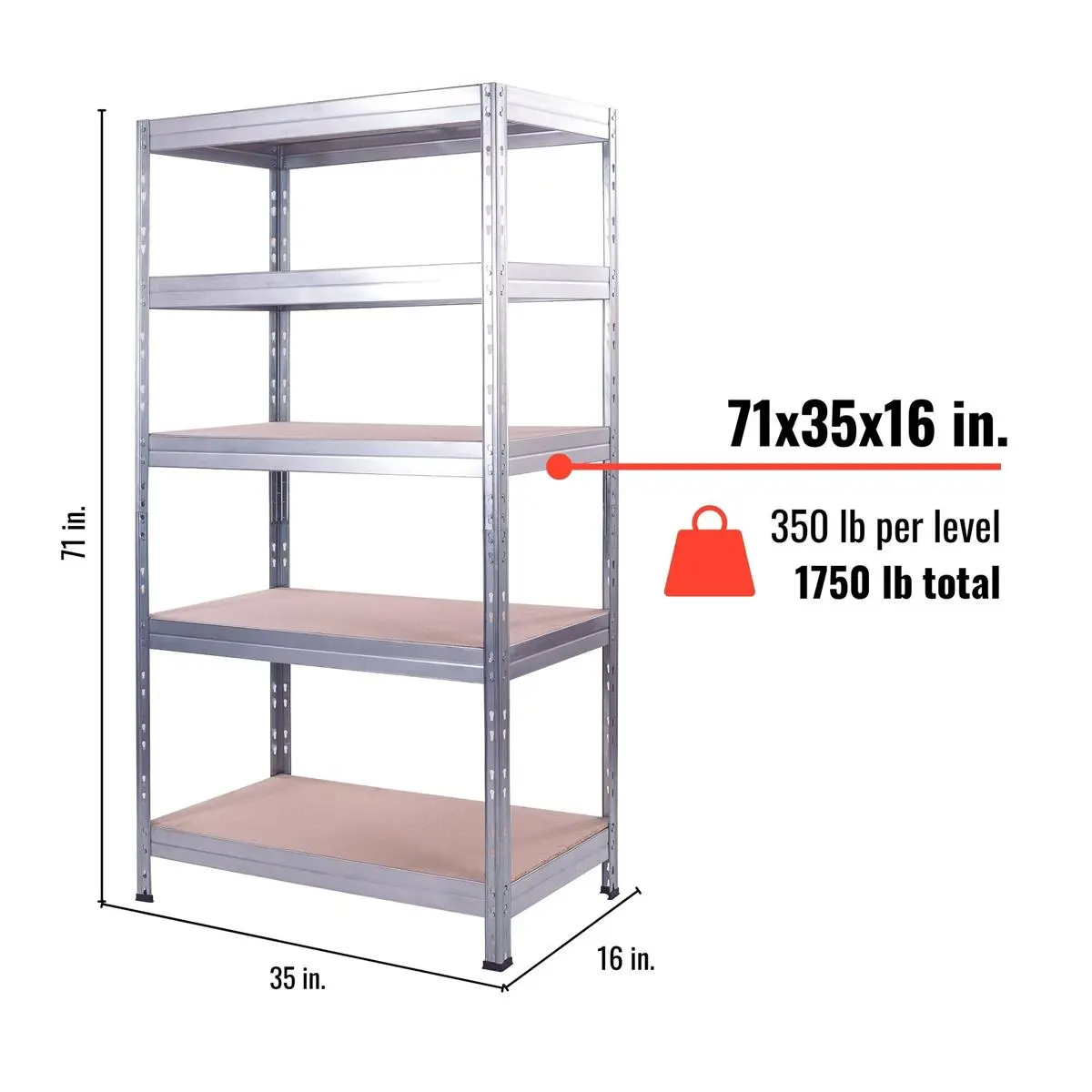 212 MAIN Galvanized Boltless AR Shelving Unit - 5-Tier Freestanding Organizer Storage Rack, 35.4x16x71 in, 350lb Durable Adjustable Shelves for Garage Storage