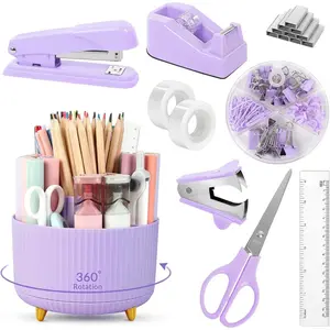Purple Office Supplies Set-10 PCS of Office Desk Accessories, including Pencil Holder for Desk, Stapler, Tape Dispenser, Scissors, Ruler, Binder/Paper Clips and 1000 Pcs Staples