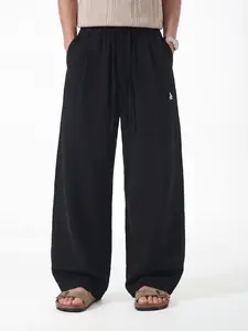 CAONAT Men's Linen-Rayon Blend Soft Fabric Menswear Pants - Plain, Loose-Fitting, Lightweight Summer Trousers with Adjustable Drawstring Elastic Waist, Breathable Wide-Leg Cut Casual Pants for Beach Wear