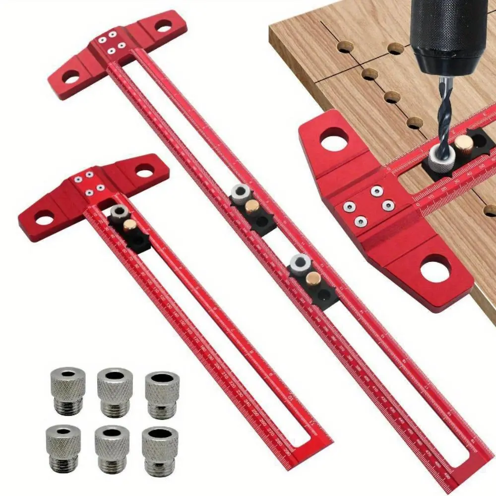 Aluminum Alloy Woodworking Drill Guide, 2 in 1 Positioning & Marking Ruler, Multifunctional T-shaped Marking Tool with 6/8/10mm Drill Socket