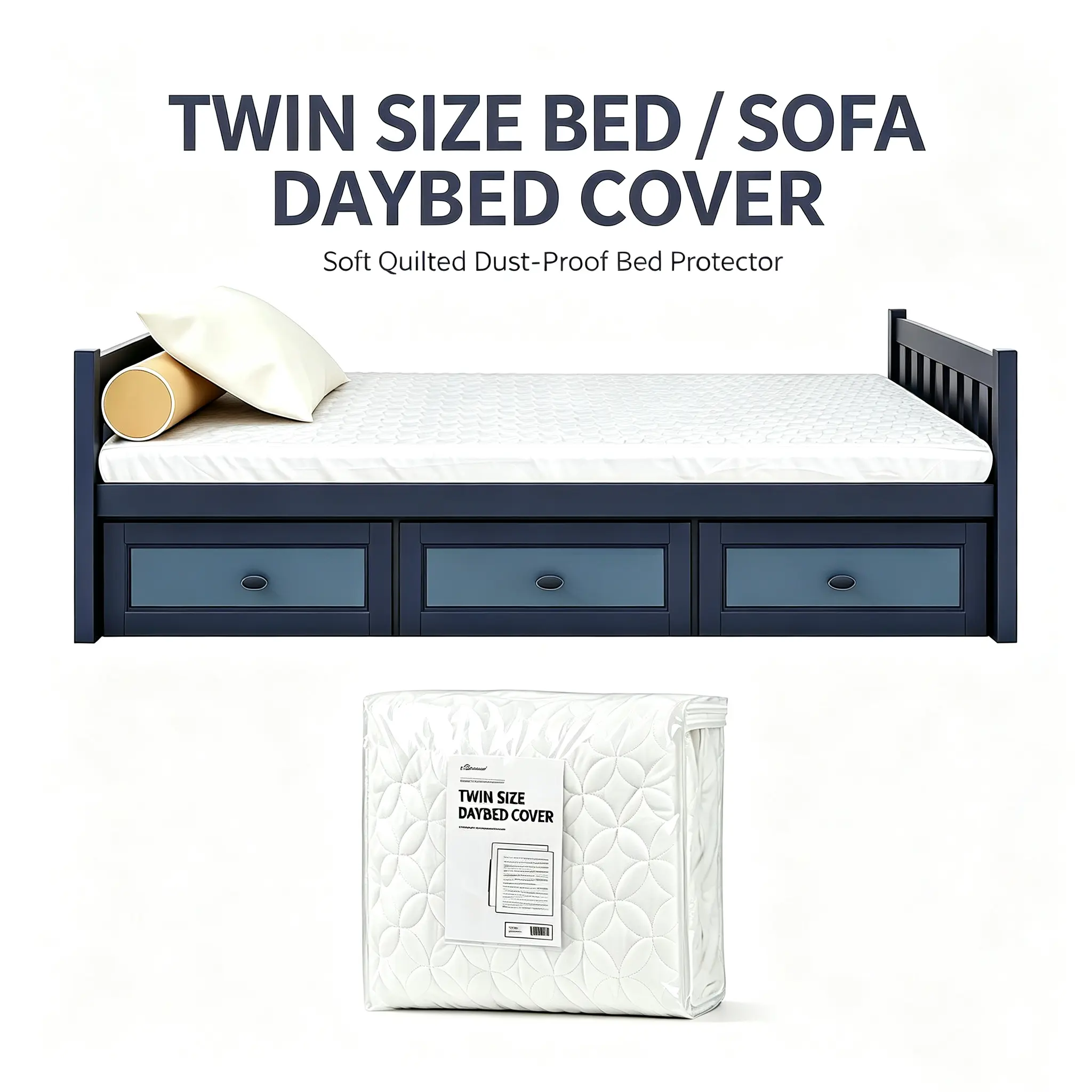 Twin Size Bed / Sofa Daybed Cover, Soft Circular Quilted Mattress Protector, Anti-Slip Straps, Foldable Machine Washable Dustproof Bed Cover