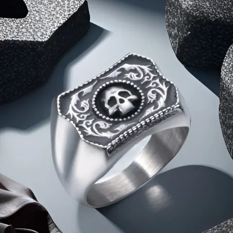 Vintage Medieval Gothic Skull Finger Rings for Men & Dad, 0.59in Silver Hypoallergenic Stainless Steel Band, Alt Fashion Gothic Motif Customized Biker Party Accessories, Sizes 8-13