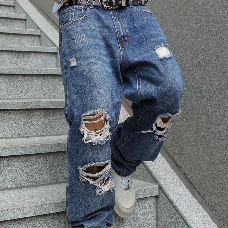 MZNBURAM Men's Ripped Non-Stretch Relaxed Fit Straight-Leg Denim Pants Jeans-Menswear Streetwear Trouser MZNBURAM Men's Ripped Non-Stretch Relaxed Fit Straight-Leg Denim Pants Jeans-Menswear Streetwear Trouser