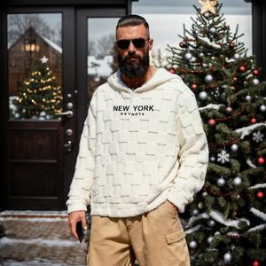 KZZ NewYork Men's Stylish Cozy Flannel Hoodie - Letter Embroidery, Pocket, Textured Fabric, Loose Casual Long-Sleeve Pullover Top, Fall & Winter Outfits, Daily Wear, Christmas Gifts for Him