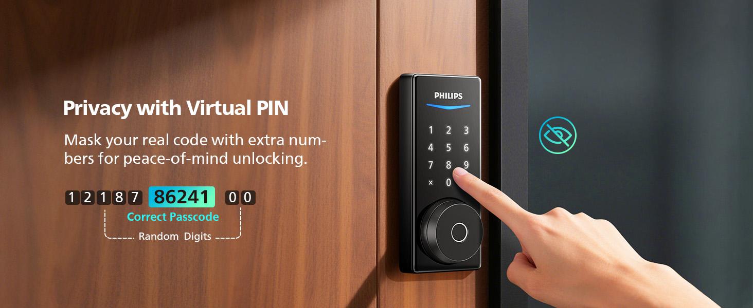 Philips Built-in WiFi Smart Lock, Keyless Entry Door Lock with App, Touchscreen, Fingerprint Door Lock — Compatible with Alexa & Google, Splash-Proof Design, Includes 8 Batteries, Black