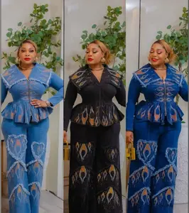 Denim and Diamonds 2-Piece Outfit Plus Size Set Rhinestone Stretch Curvy Jeans Matching Peplum Top & Wide Leg Pants - Ladies Night Date Birthday Party Dinner Celebrant Photoshoot Graduation Dance Date Night Ladies Comfortable Cotton Jeans Chic Womenswear