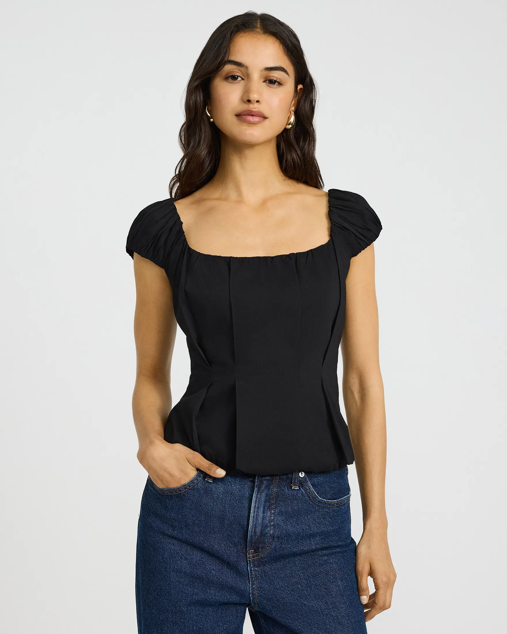 Express Stretch Cotton Poplin Puff Sleeve Smocked Back Peplum Top