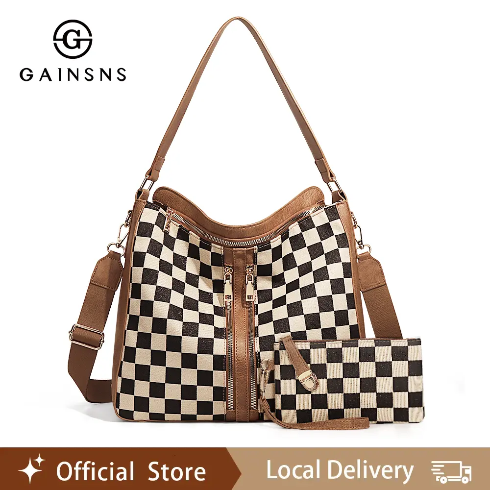 GAINSNS Women's Large Checkerboard Crossbody Satchel Purse with Matching Wallet - Multi-Compartment Plaid Tote, Adjustable Strap Handbag for Work, Shopping, Casual Vibes, Crossbody Bags For Women