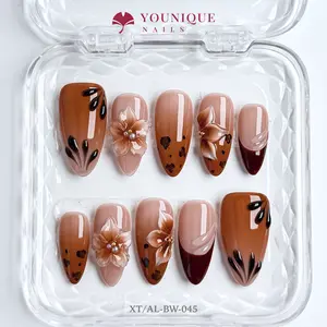 Younique Nails 3D Floral Press-On Nails Collection 10PCS Handmade Reusable Glossy Design with Flowers & Gold Accents RY/AL-PK-028 Long-Lasting Luxury Pearls Rhinestones