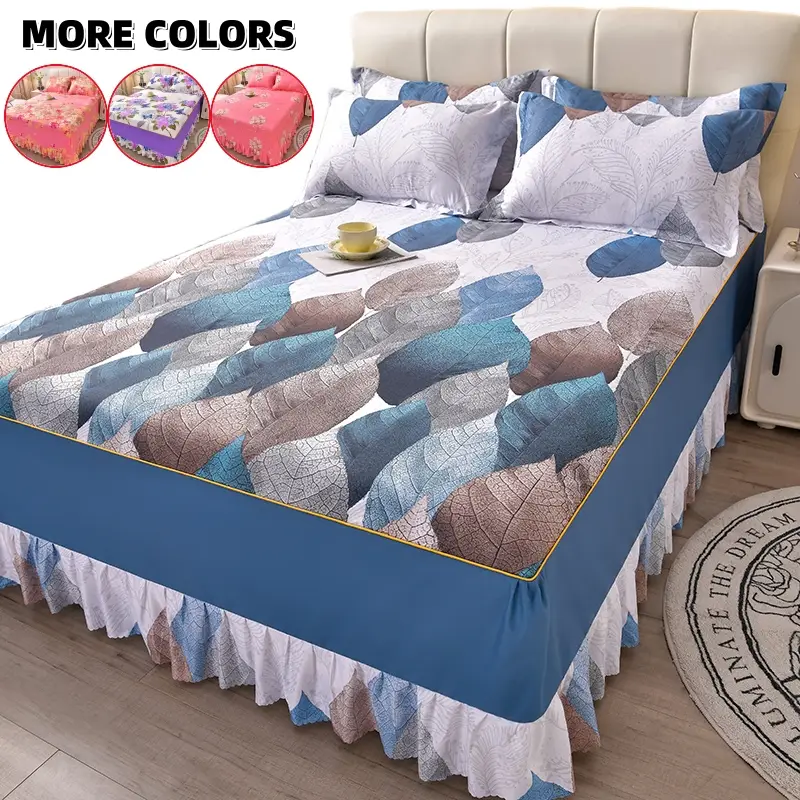 Floral Print Ruffled Edge Bed Skirt Set, 2/3 Counts/set Including 1 Count Bed Skirt & 1/2 Counts Pillowcase without Filler, Soft Comfortable Breathabl