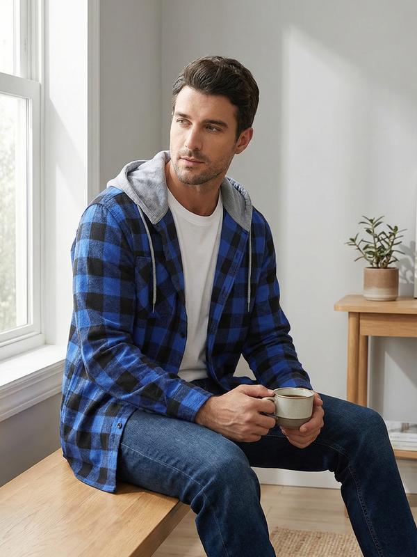 ZITY Men's Blue Plaid Hooded Flannel Shirt - Comfy Soft Fabric Button Down Hoodie - Casual Lightweight Checked Top for Men - Drake Style Streetwear gifts
