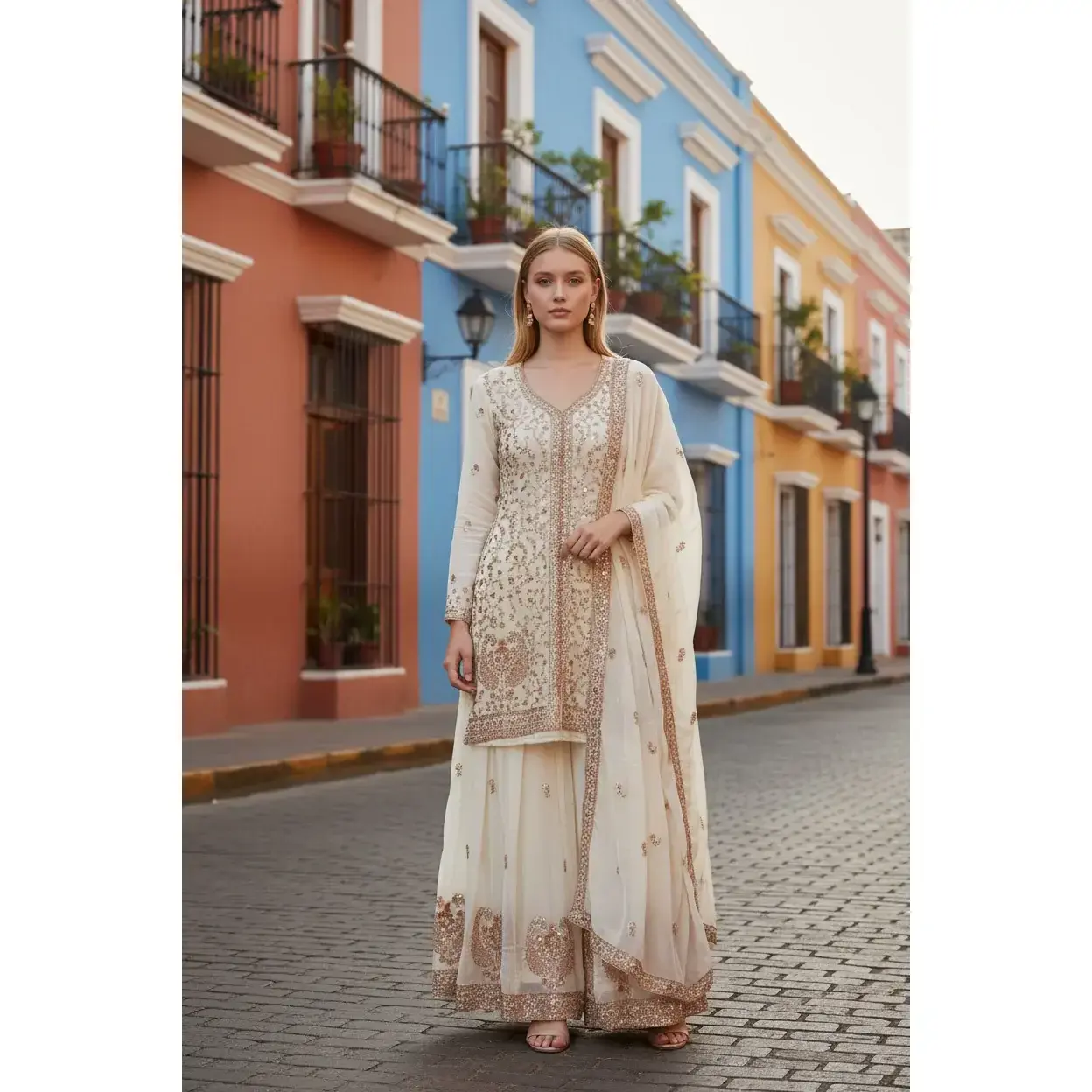 Heavy Work Russian Plazo Dress, Cultural Wear for Women
