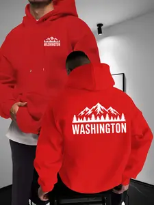 Men's Loose Hooded Sweatshirt Washington Mountain, Double-Sided Embroidery, Outdoor City Street Style, Casual Fitted Pullover, Casual Pullover Hoodie