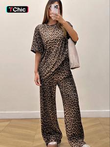 Women's Leopard Print Loungewear Two-piece Set, Elegant Casual Comfy Round Neck Short Sleeve Top & Elastic Waist Wide Leg Pants PJ Set for Indoor Outdoor Wear, Ladies Sleepwear for All Seasons, Womenswear