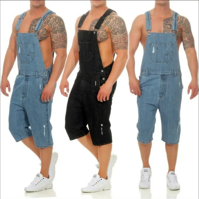 Plus Size S-3XL Men Denim Overalls Jumpsuit Shorts Ripped Hole Suspender Bib Jean Pants Cargo Work Summer Casual Slim Loose Street Wear Outfit Black Blue