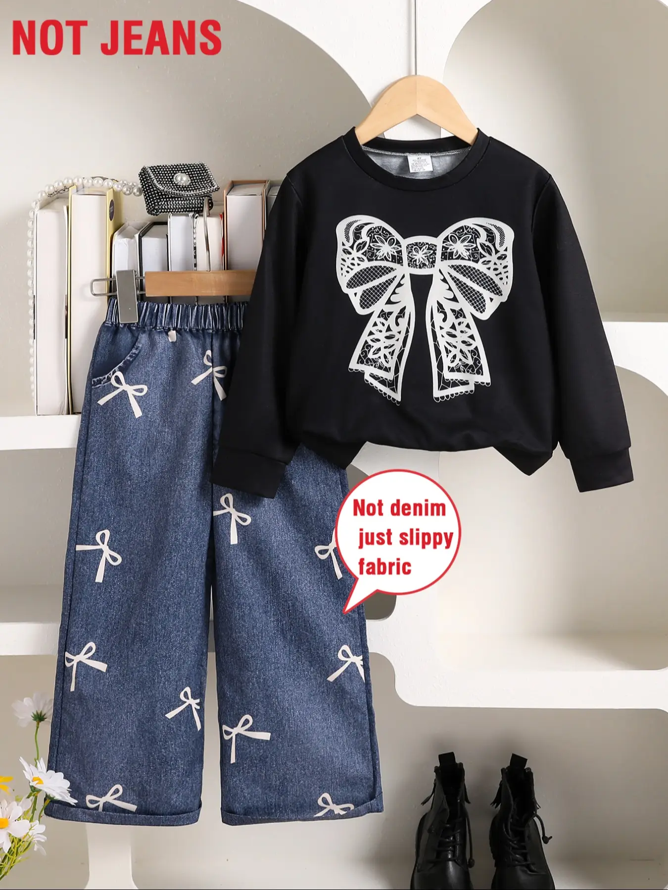 Girls' Fall Outdoor Sports Cute Clothing Set, Knitted Round Neck Butterfly Print Long Sleeve Top + Elastic Waist Denim-Like Pants, Casual Outfit Set