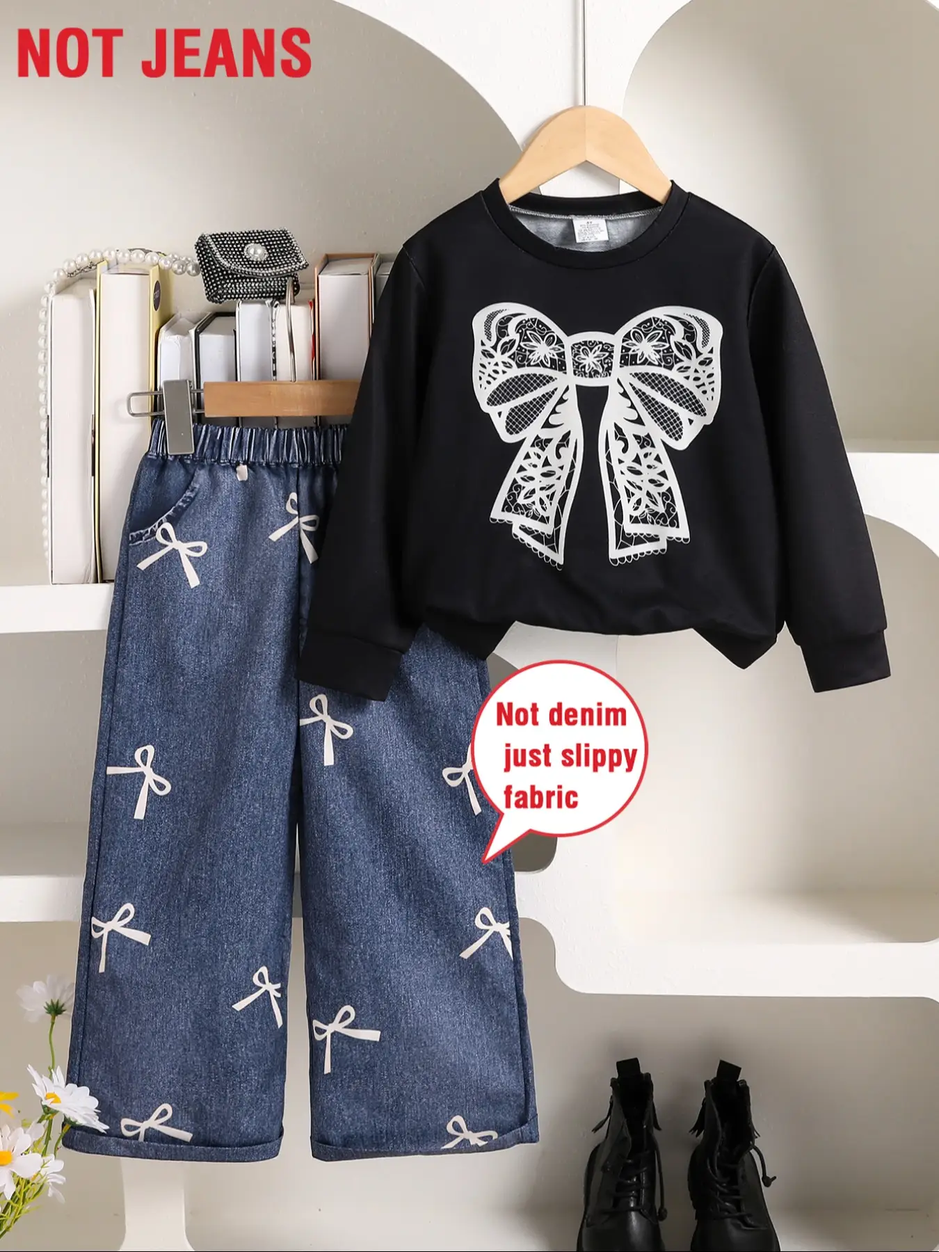 Girls' Fall Outdoor Sports Fashion Set, Knitted Round Neck Butterfly Print Long Sleeve Top + Elastic Waist Denim-Like Pants