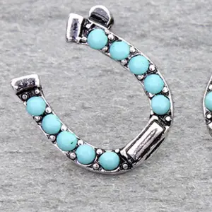 Western Horse Shoe Stud Earring Turquoise Colored with Blue Beads and Silver Finish