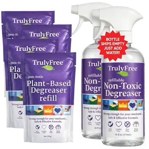 Truly Free Non-Toxic Degreaser Kit - 2 Pack Bundle! Plant-Based, Eco-Friendly Cleaner - Includes 2 Empty, Refillable Bottle & 4 Refill Packs - Add Warm Water to Activate!
