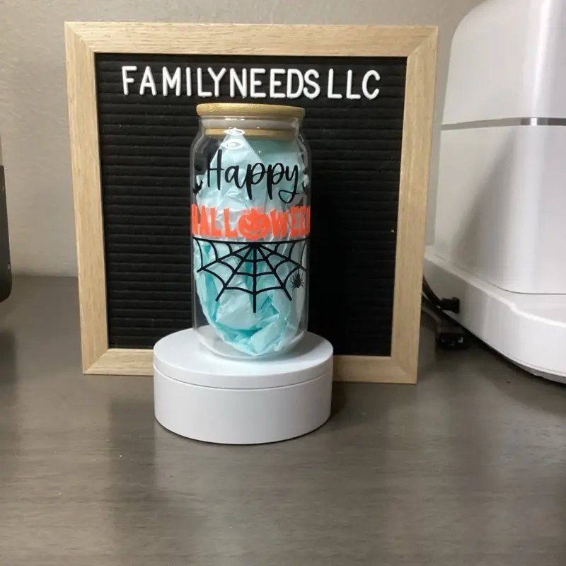 FamilyNeedsLLC Happy Halloween Glass Cup with Spider Web Design
