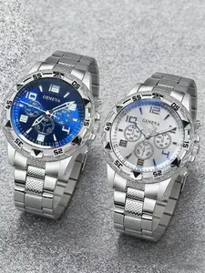 2PCS Men's Silver Stainless Steel Strap Elegant Business Fashion Watches Style Quartz Modern Fashionable Wristwatch, Suitable For Party Decoration, Leisure Travel