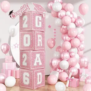 2026 Graduation Decorations, 4Pcs Graduation Boxes, So Proud of You and Class of 2026 Grad Balloon Boxes, Pink Congrats Box for College, High School, Prom Party Supplies