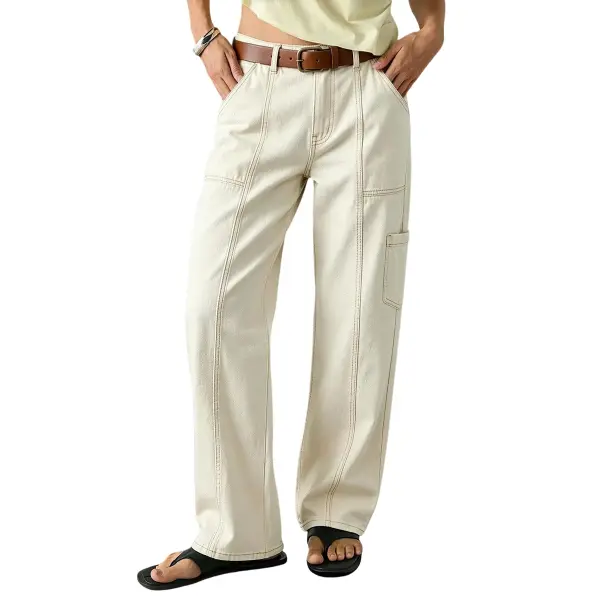 Flamingals Solid Stitch Detail Side Pocket Mid Waist Straight Leg Pants Without Belt Womenswear Stretchy 30.5" Inseam