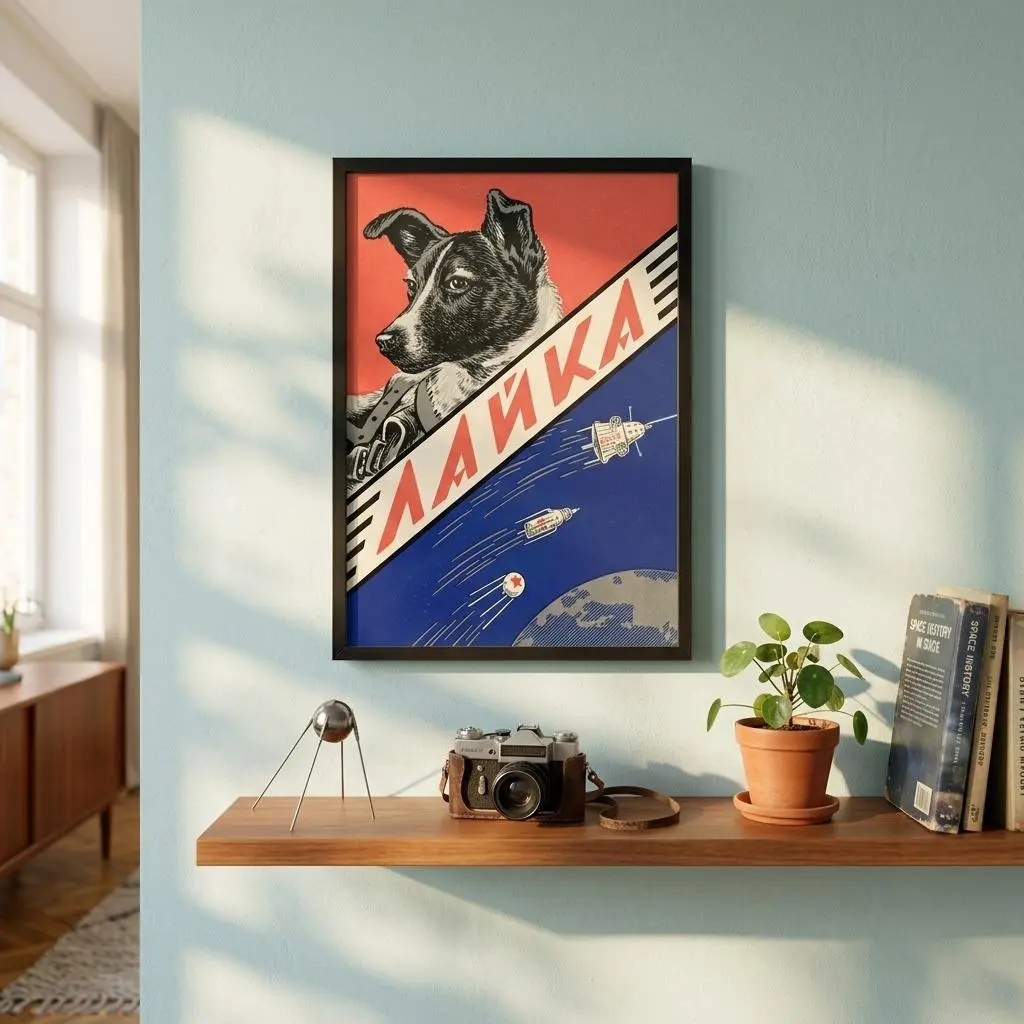 Laika First Space Dog Poster, USSR Soviet Space Art Print, Vintage Communist Propaganda Wall Decor, Retro Cosmos Artwork, Russian Space Exploration Poster, Mid Century Room Decor, History Gift