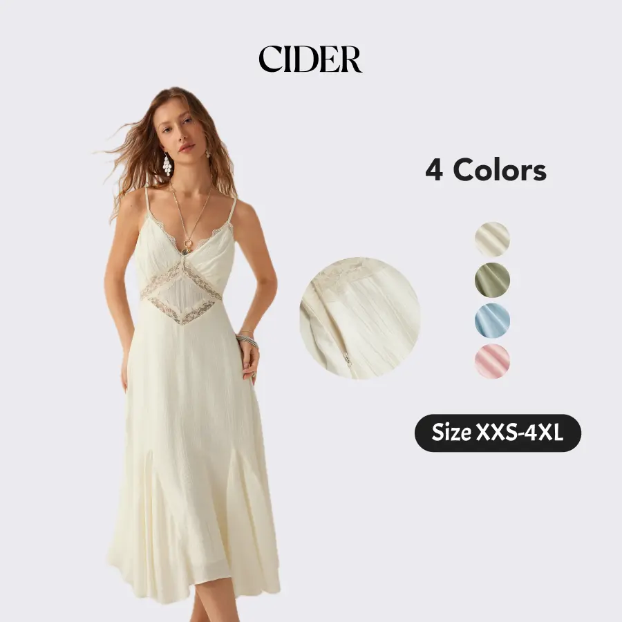 Cider Boho Summer Lace Panel Midi Dress for Beach Vacation, Elegant A-Line Cami Dresses, Ladies Casual Sundress, Spring Birthday Outfits, Lady Gown SohoChic