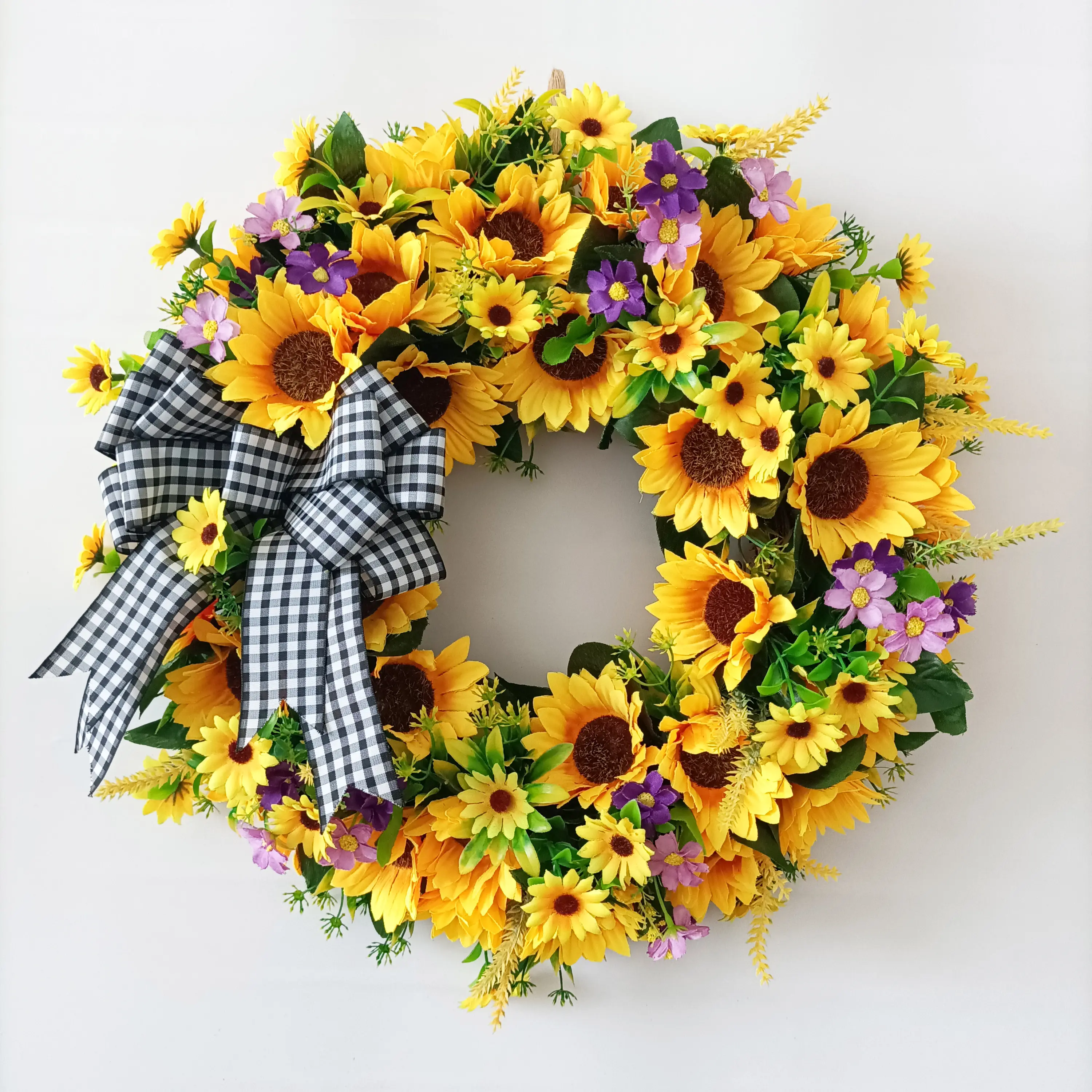 Sunflower Wreaths for Front Door, 18 inch Yellow Spring and Summer Door Wreath with Bow, Handmade Silk Sunflower Decor for Home Party Festival Wedding Decor