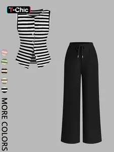 2-Piece Striped Vest & Wide-Leg Pants Set, Retro Baddie Style Slim-Fitting Stretchy Knit Set for Women's Summer Outings / Casual Social Gatherings