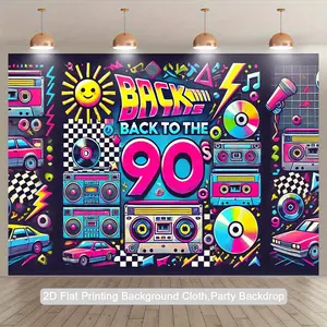 2D Flat, 1pc 90s Retro Party Backdrop - Vintage 90s Theme Photography Background with Neon Colors (Pink, Blue, Yellow, Green, Black, White, Red) - Durable Polyester Fabric for Birthday, Anniversary, Photo Studio Decorations - Indoor/Outdoor Decoration -