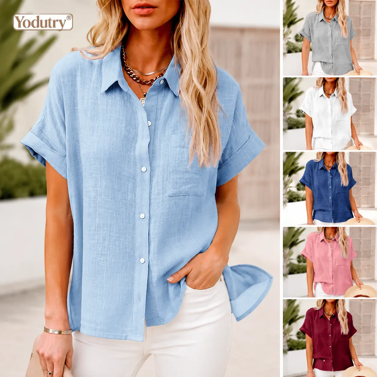 Yodutry|Women Chiffon Short Sleeve Button Down Shirts Casual Roll Cuff Pocket Blouse Lightweight Summer Loose Fit Tops