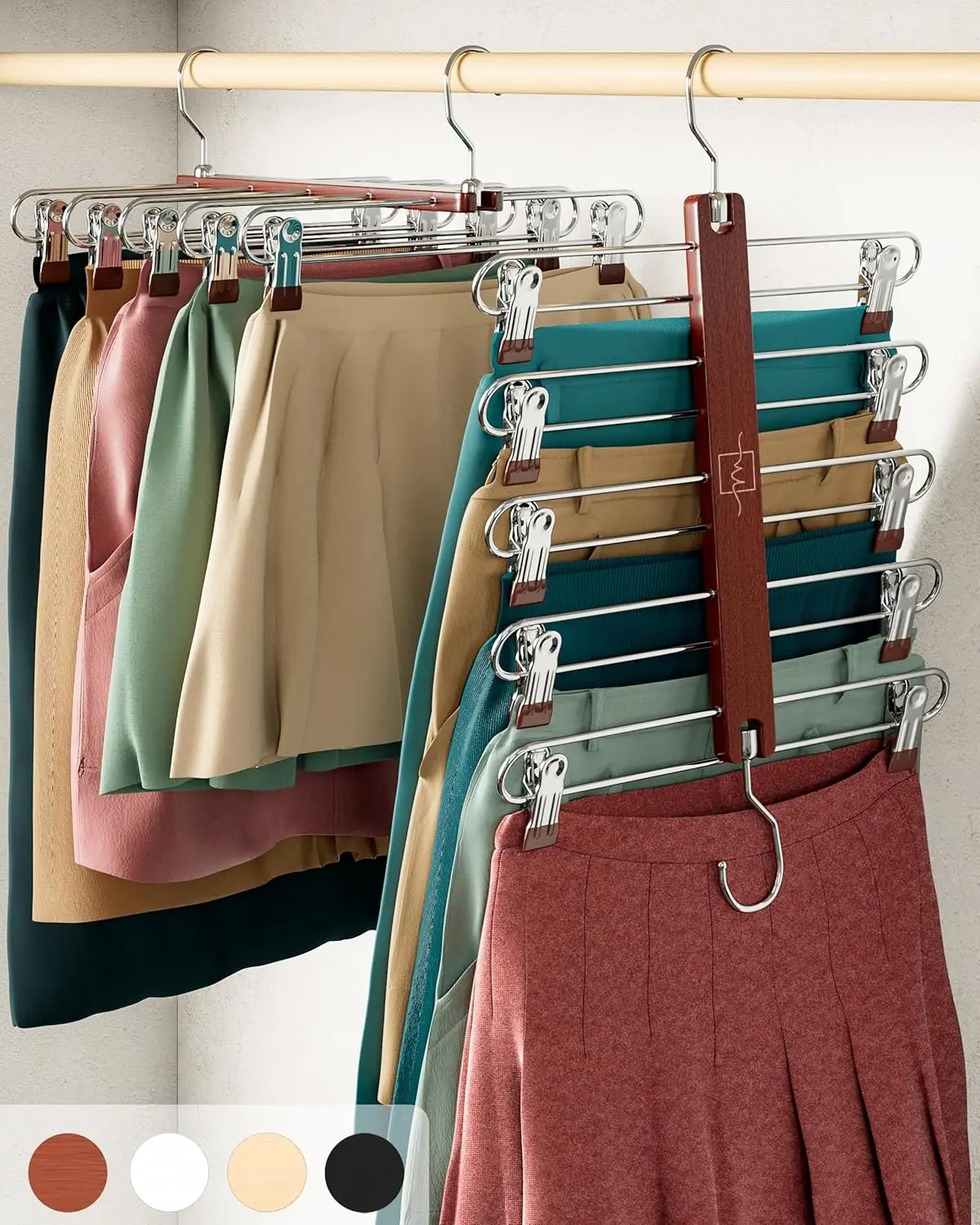 Skirt Hangers Space Saving with Clips - 2 Pack - European Beechwood 5-Tier Hanger for Shorts, Skirts, and Pants - Closet Organizer and Storage Solution for Women with 360 Swivel Hook