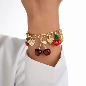 Cherry Charm Bracelet Gold Tone Chunky Chain Cute Heart Bow and Double Cherry Dangle Charm Adjustable Bracelet for Women and Girls Sweet Y2K Coquette Aesthetic Jewelry for Party Date Night Birthday Valentines Gift Everyday Stackable Wrist Accessory