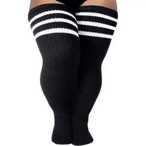 Plus Size Thigh High Socks for Thick Thighs Extra Long Womens Cable Knit Over the Knee High Socks Stretchy Warm Leg Warmers with Striped Design