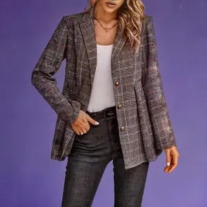 Plaid Lapel Collar Blazer Womenswear Coats