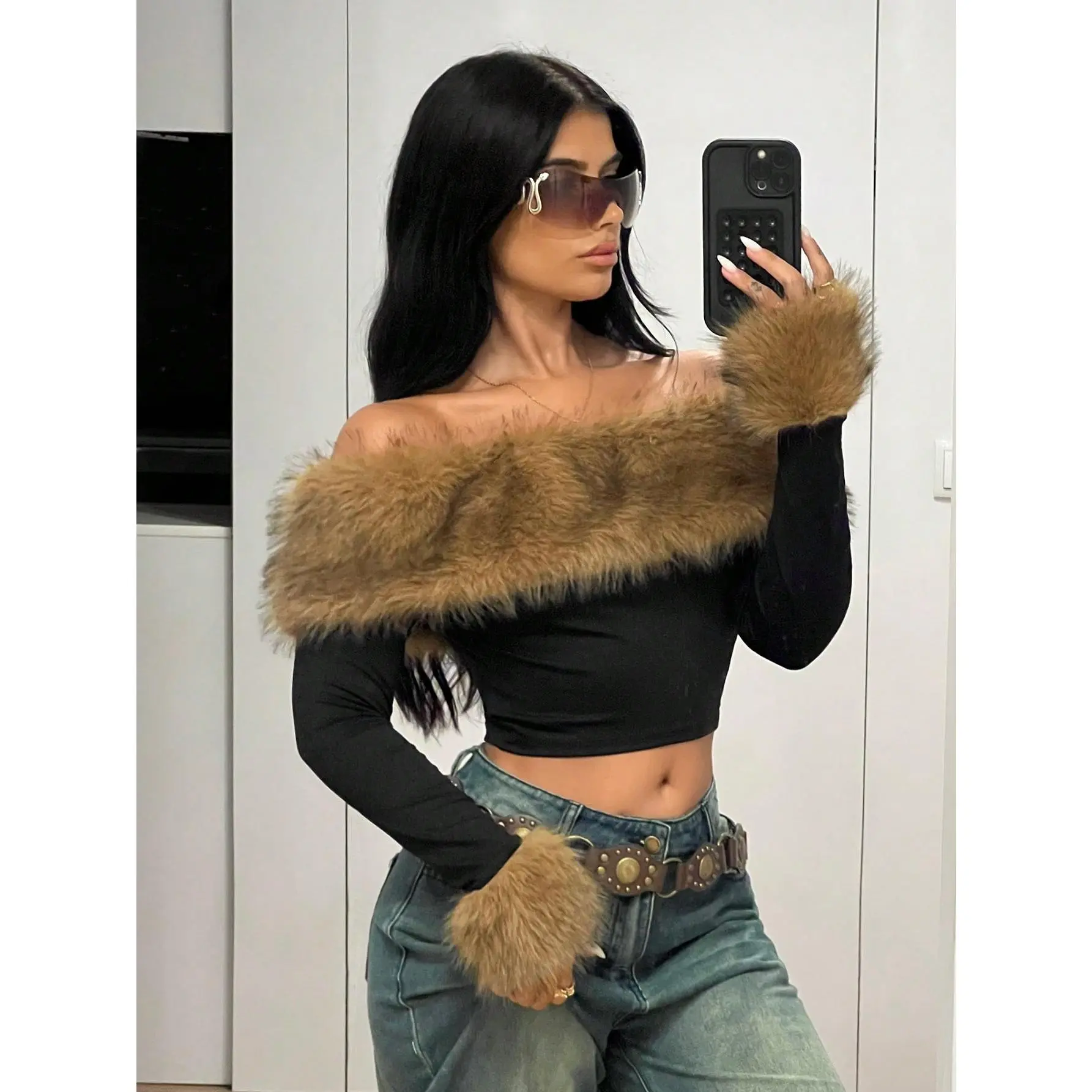 Fluffy Collar Splice Off Shoulder Long Sleeve T-Shirt, Fashionable Elegant Autumn Winter Casual Top with Versatile Style, polished detail, refined casual, modern cut, elevated basic