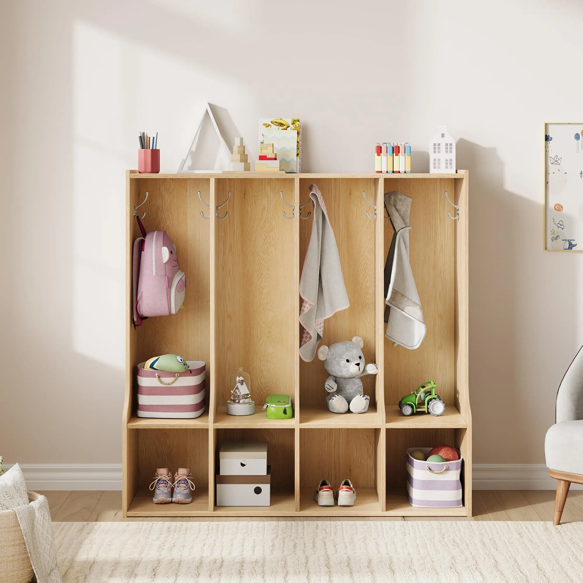 Natural Oak Children's wooden wardrobe,open clothes rack with 8 hooks and 8 compartments,multifunctional storage furniture for children's rooms, as a wardrobe shelf and organizer for daycare, home, kindergarten