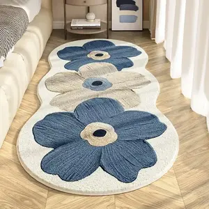 Blue Cute Floral Bedside Carpet, Modern Cream Style Luxurious French Rug, Soft Comfortable Plush Foot Mat for Living Room Bedroom Closet