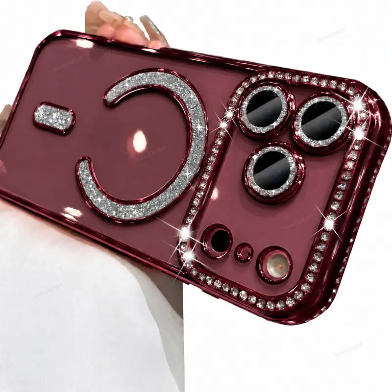 Magnetic MagSafe-Compatible Protective Cellphone Casing with Camera Lens Protectors for iPhone 13/14/15/16/17 Pro Max Air - Women's Cute Glitter Rhinestone Plating Cover, Handheld Devices Accessory, Precise Cutouts, Scratch Protection