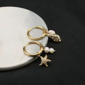 Starfish and Conch Pearl Stud Earrings - Minimalist Design with Fresh Water Pearls, Gold Finish, Trendy Pearl Studs for Modern Style