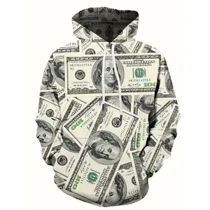Men's 3D Dollar Printed Hoodie - Long Sleeve with Pockets Zipper Sweatshirt, Polyester Blend, Casualwear, Four Seasons