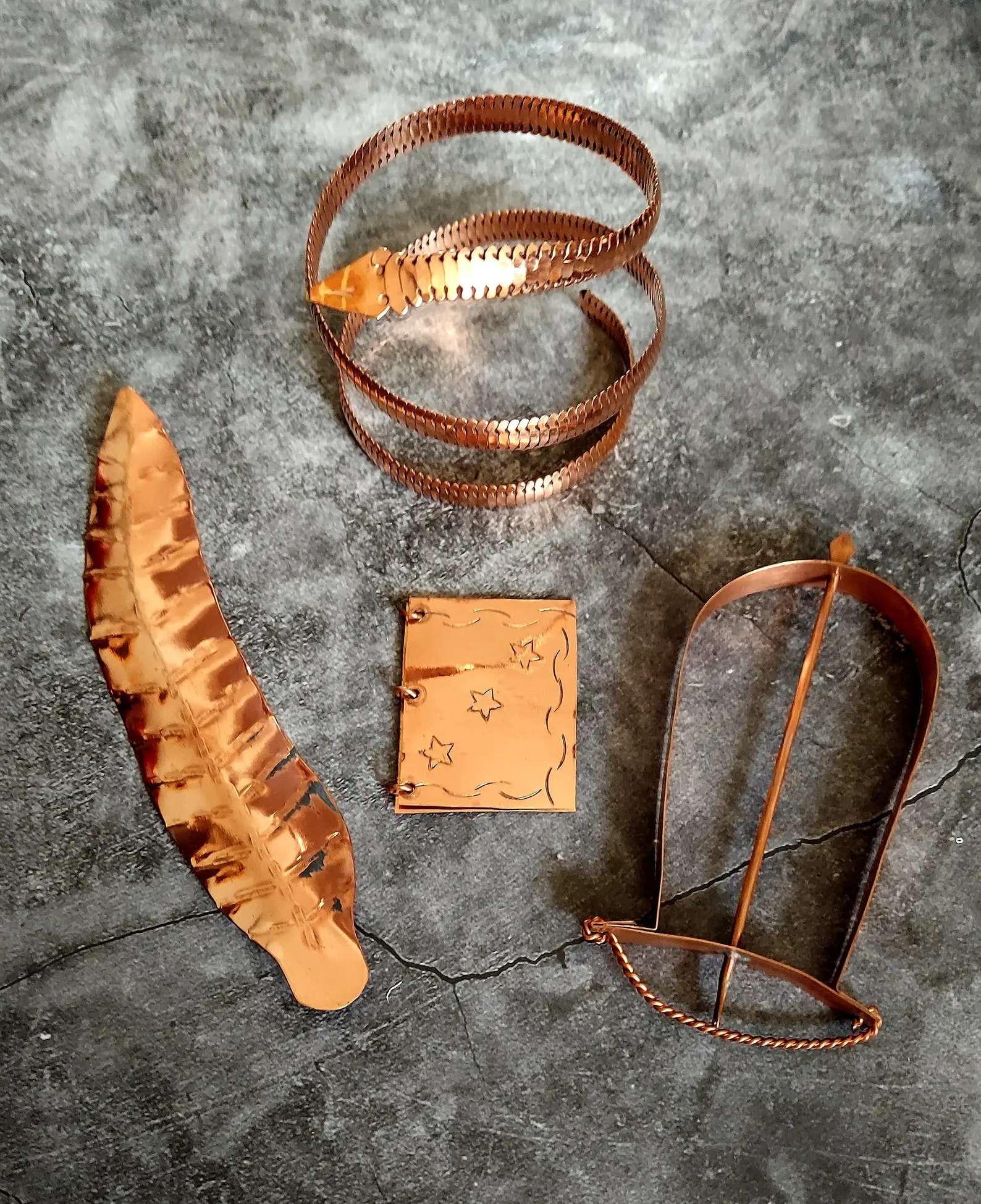 Ayao Copper Tool Set Handmade Orisha Altar Tools with Snake Book Feather & Bow