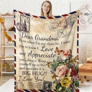 Airmail Dear Grandma Love Letter Pattern Flannel Blanket, 1 Count Soft Comfortable Warm Throw, Air-conditioned Room Warm Nap Blanket for Home Office Travel Grandma Gift